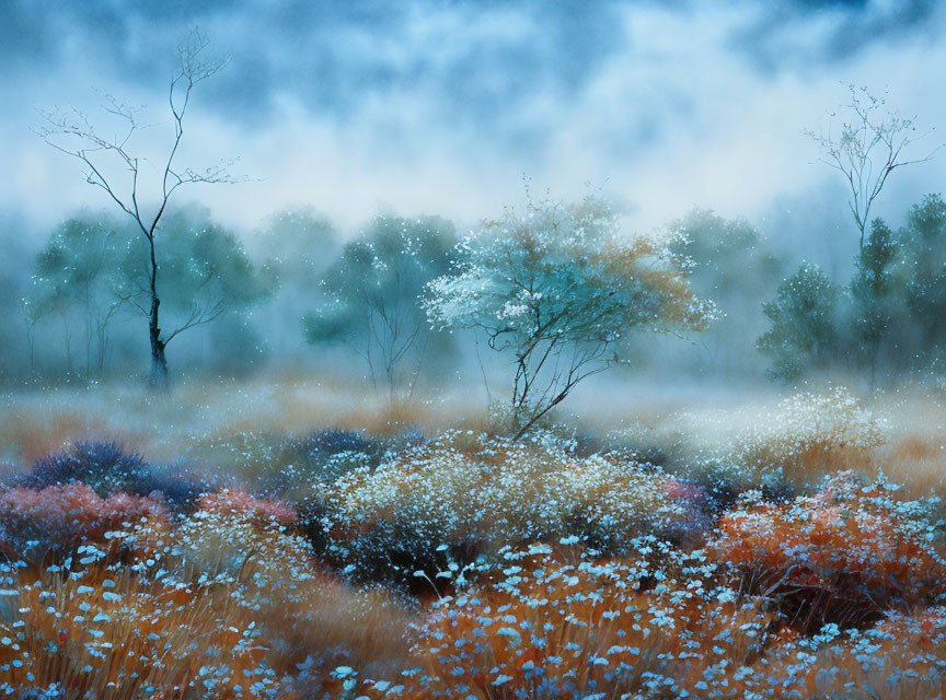 Misty landscape with white flowers on orange and purple field