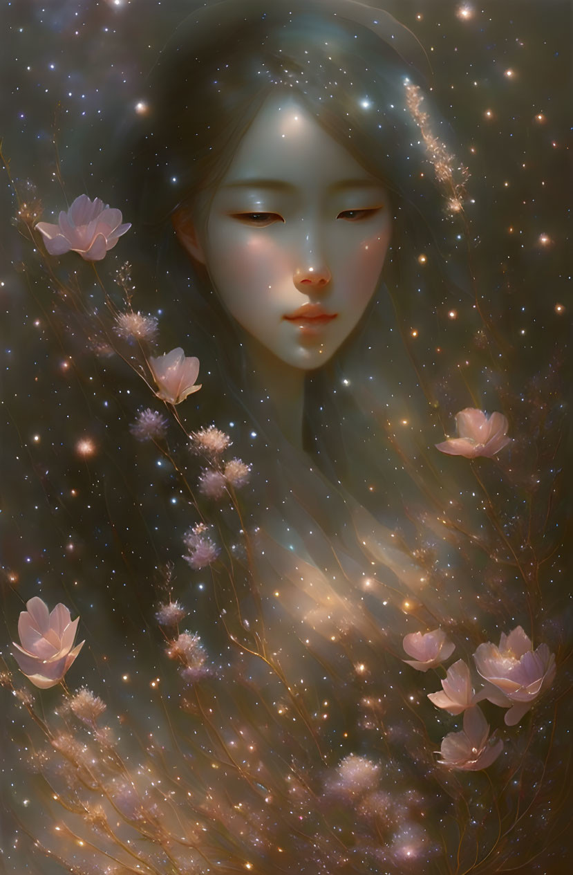 Woman's face portrait with cosmic backdrop and glowing flowers