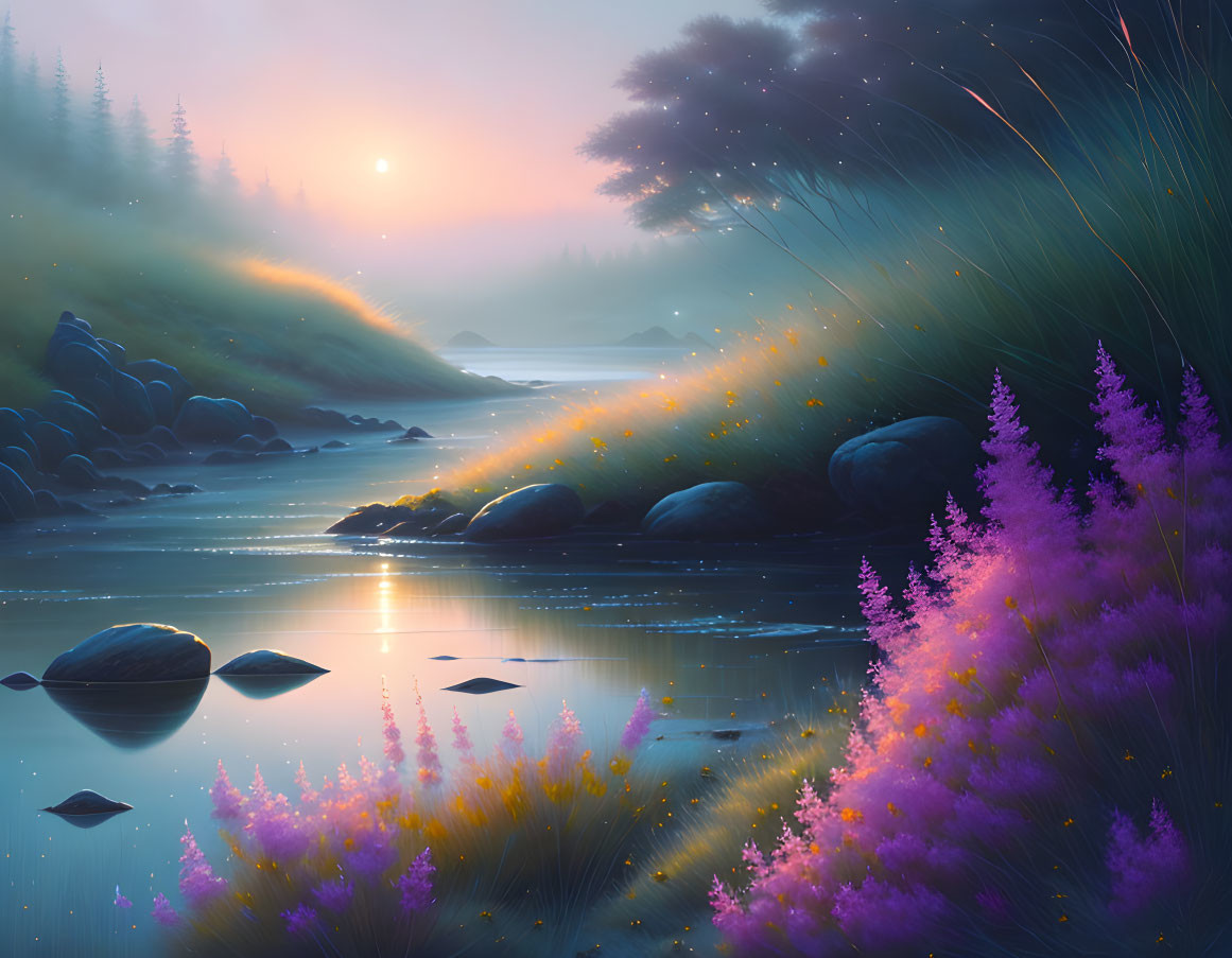 Tranquil river scene with purple wildflowers, smooth stones, and mist at dusk