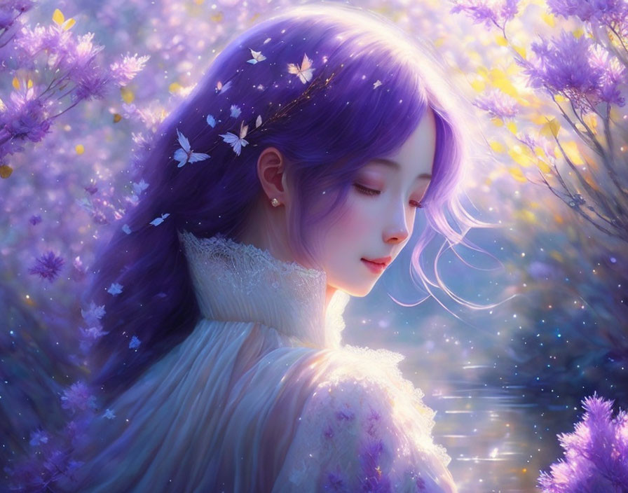 Purple-haired girl in serene floral scene with butterflies under sunlight