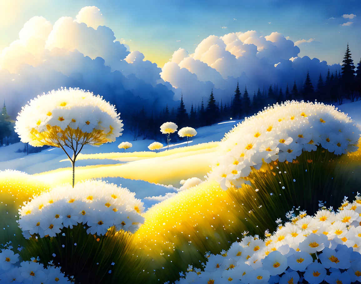 Whimsical landscape painting: daisy fields, golden sunset, lush trees