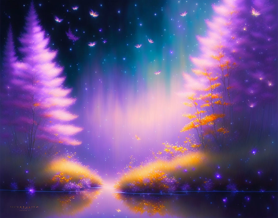 Vibrant purple and pink mystical forest scene with illuminated trees and fireflies