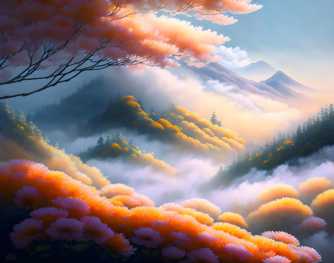 Vibrant orange trees in misty landscape with distant mountain