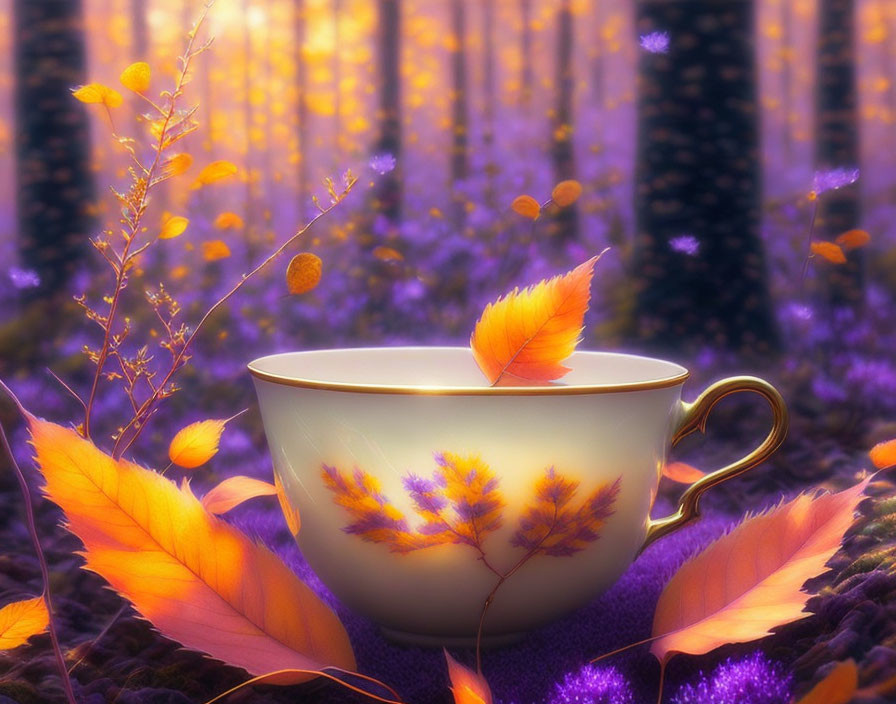 Leaf design cup in purple forest with fallen leaves under warm light