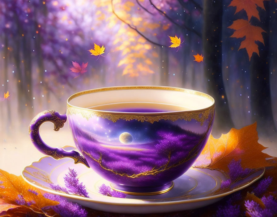 Purple teacup with galactic design in autumn forest setting