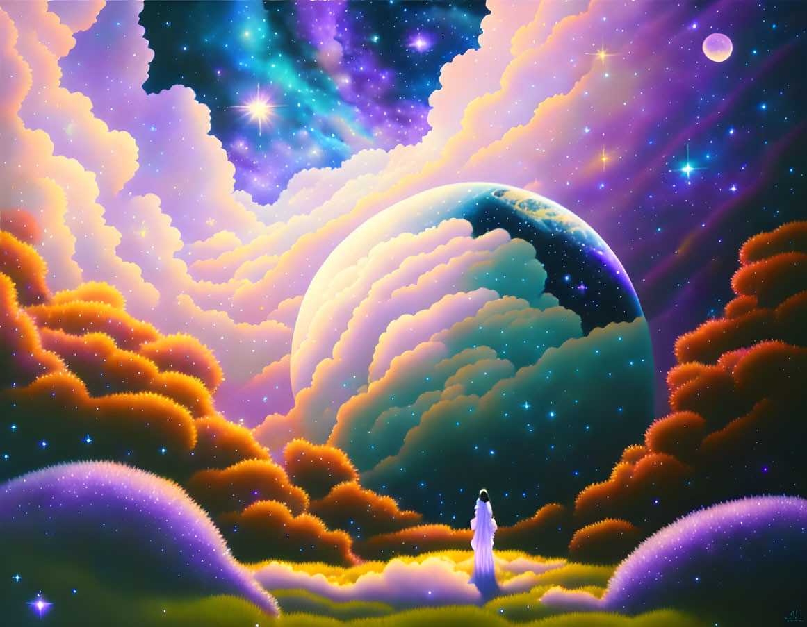 Serene cosmic landscape with robed figure and glowing clouds