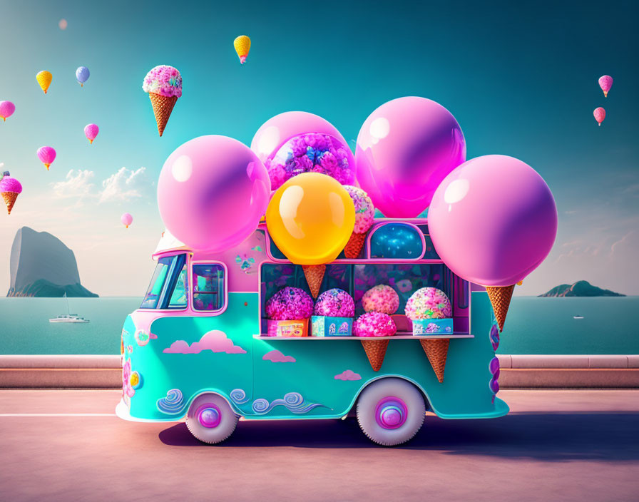 Whimsical ice cream truck with balloons on coastal road under ice cream cone sky