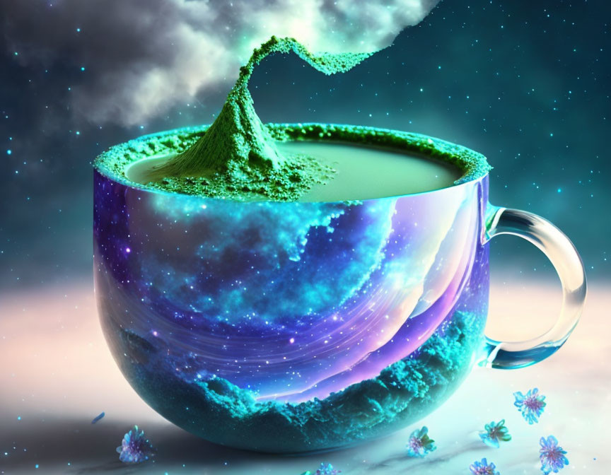 Cosmic-themed coffee cup with galaxy design and liquid splash on starry background