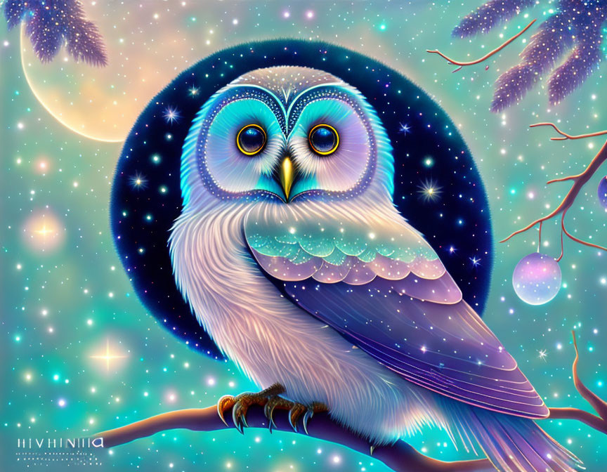 Colorful Stylized Owl Illustration Perched on Branch