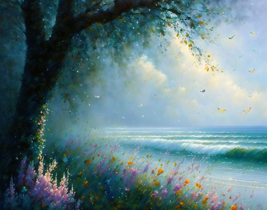 Tranquil landscape with tree, wildflowers, butterflies, ocean, and sky