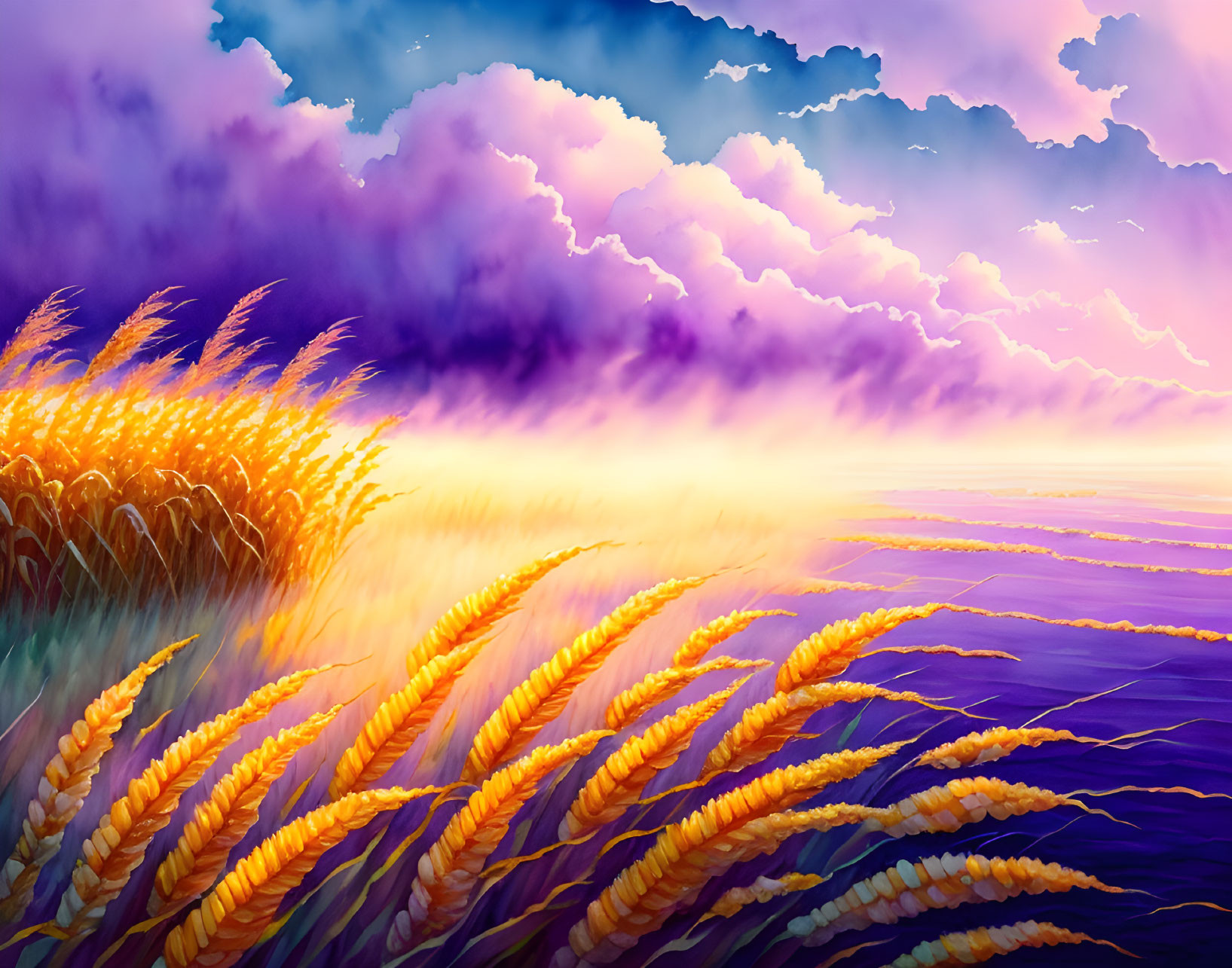 Golden wheat field under purple-pink sunset sky with fluffy clouds.