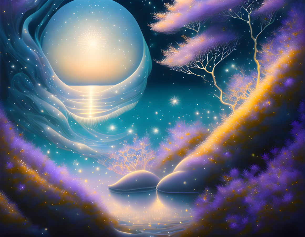 Fantasy Landscape with Glowing Purple Trees and Moon