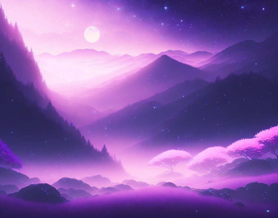 Purple-Hued Dreamy Landscape: Layered Mountains, Starry Sky, Bright Moon, Glowing