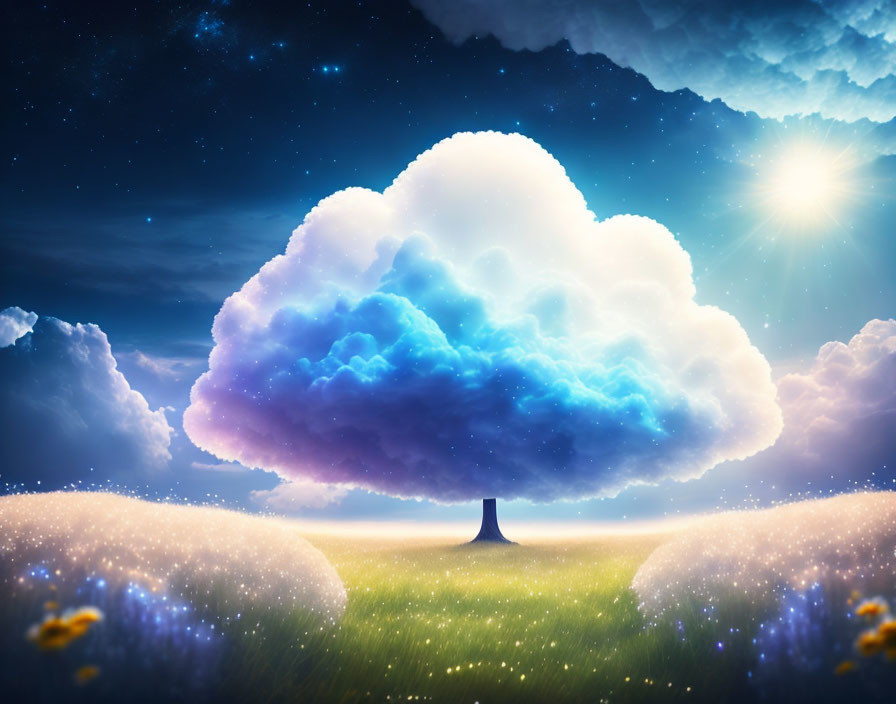 Starry sky with glowing tree cloud, sunrays, and twinkling lights