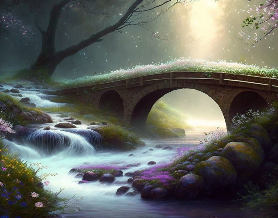 Tranquil fantasy landscape with stone bridge and purple flowers