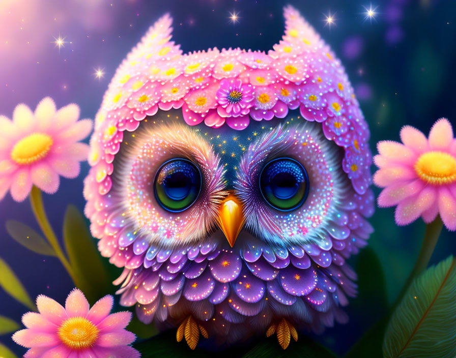 Whimsical owl with pink floral patterns on mystical night sky.