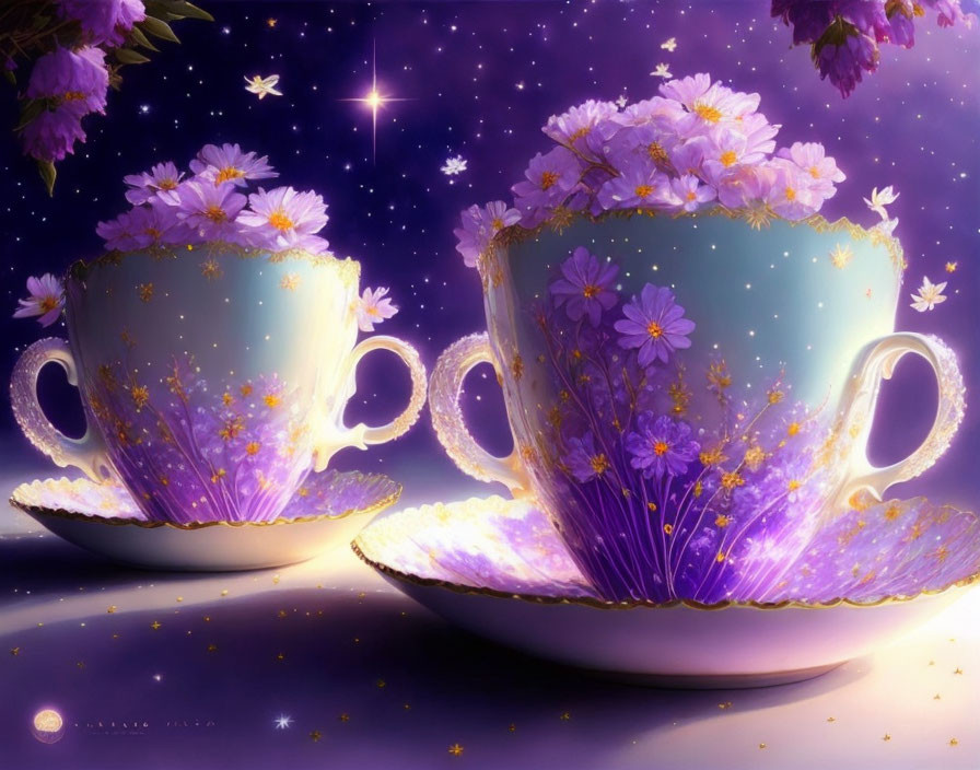 Glowing teacups with flowers on starry night background