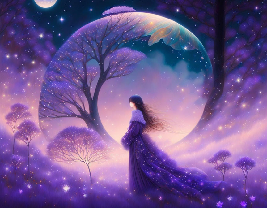 Woman in Long Dress Under Crescent Moon in Fantasy Landscape