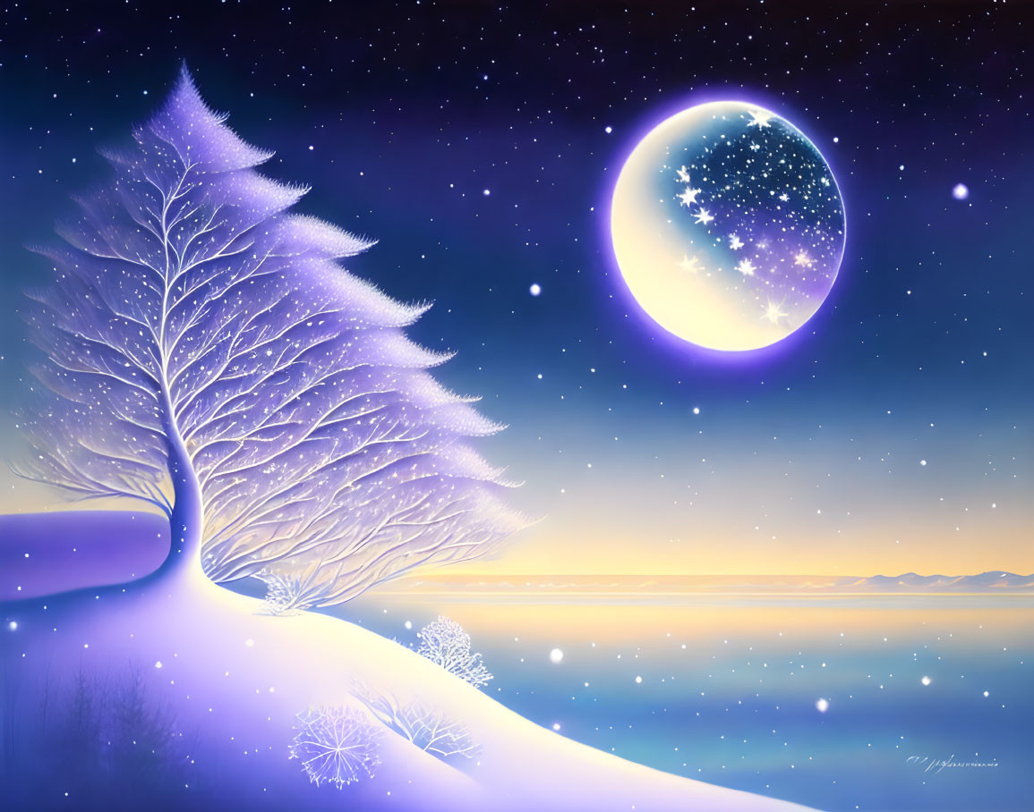 Surreal winter landscape with glowing full moon and snow-covered tree