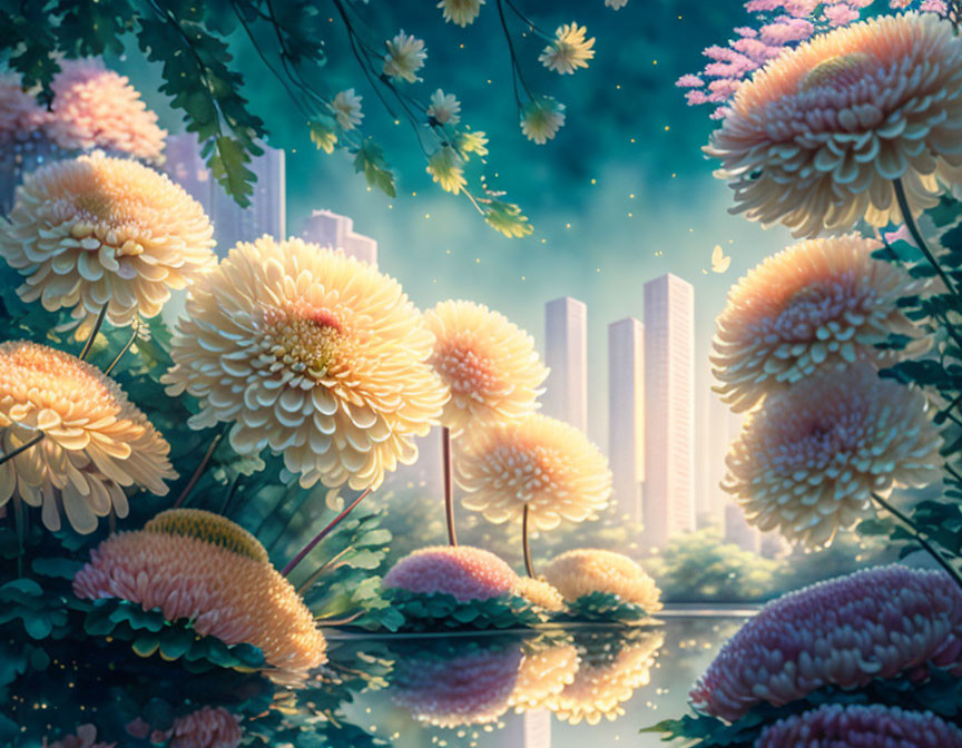 Serene lake scene with giant chrysanthemums and urban backdrop