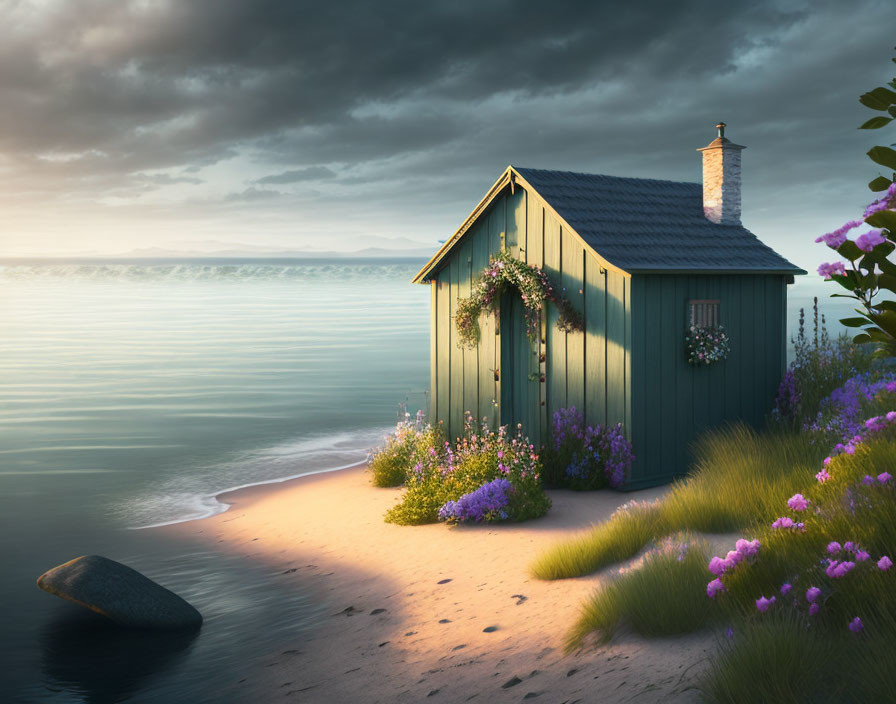 Blue Cottage with Chimney and Flowers on Serene Beach at Sunset