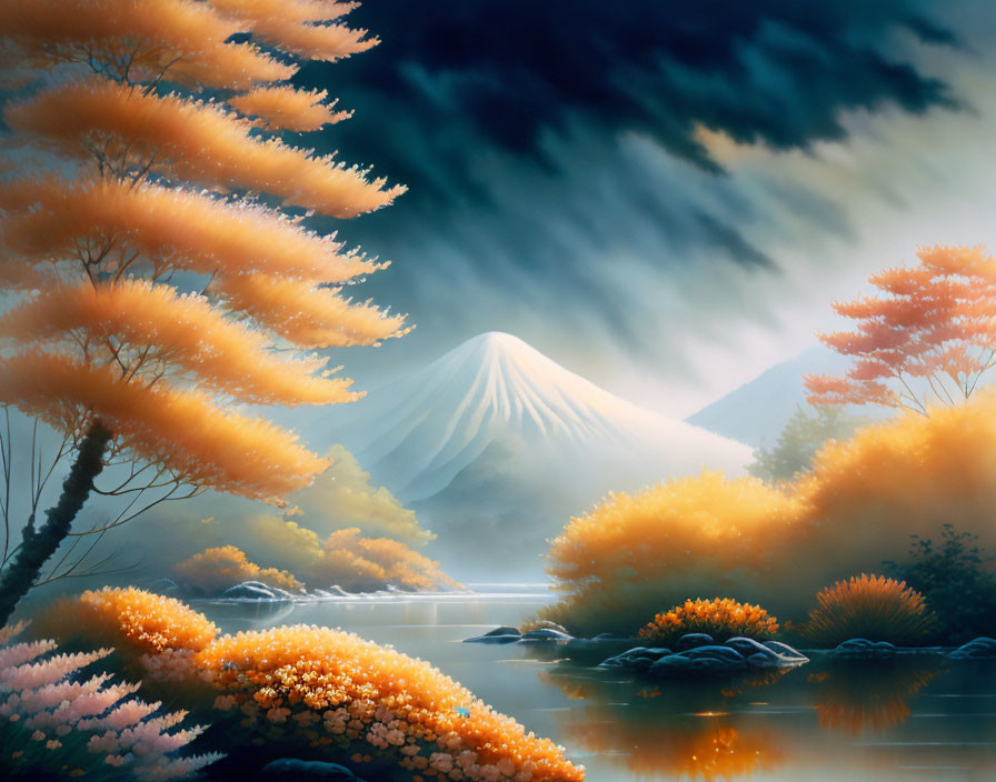 Misty mountain landscape with snow-capped peak, autumn trees, river, and cloudy skies