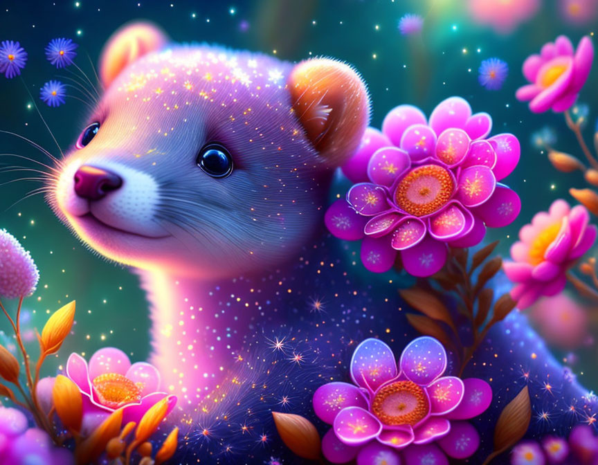 Glowing star-dusted ferret in fantastical floral scene