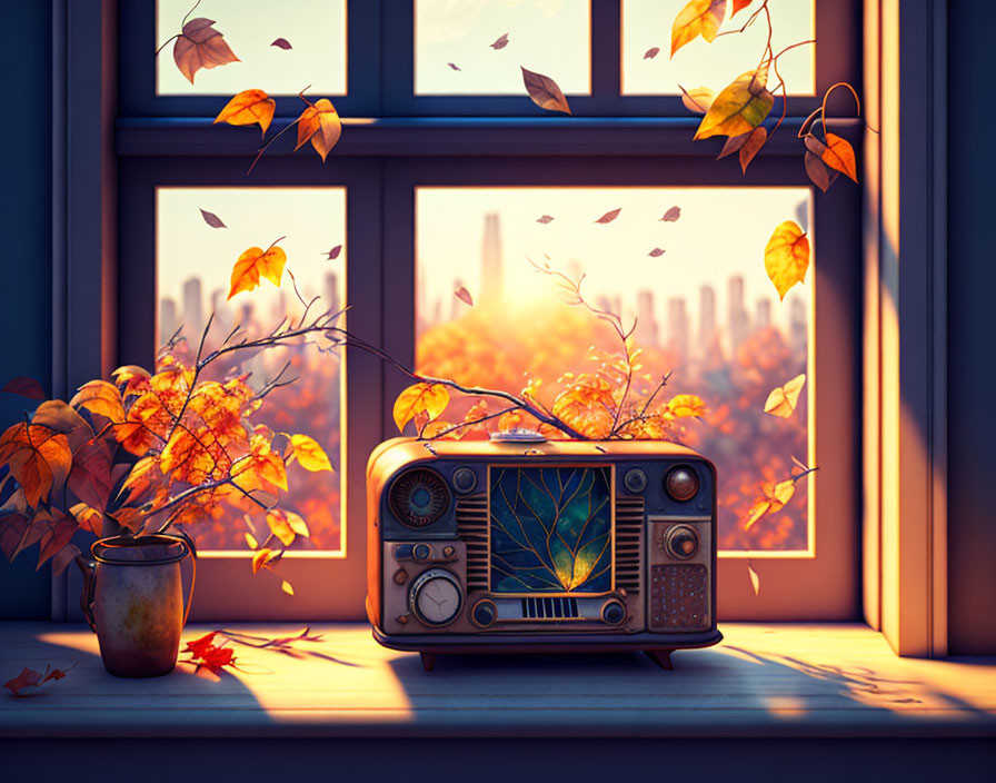 Autumn scene with fluttering leaves, vintage radio, cup, and city view at sunset