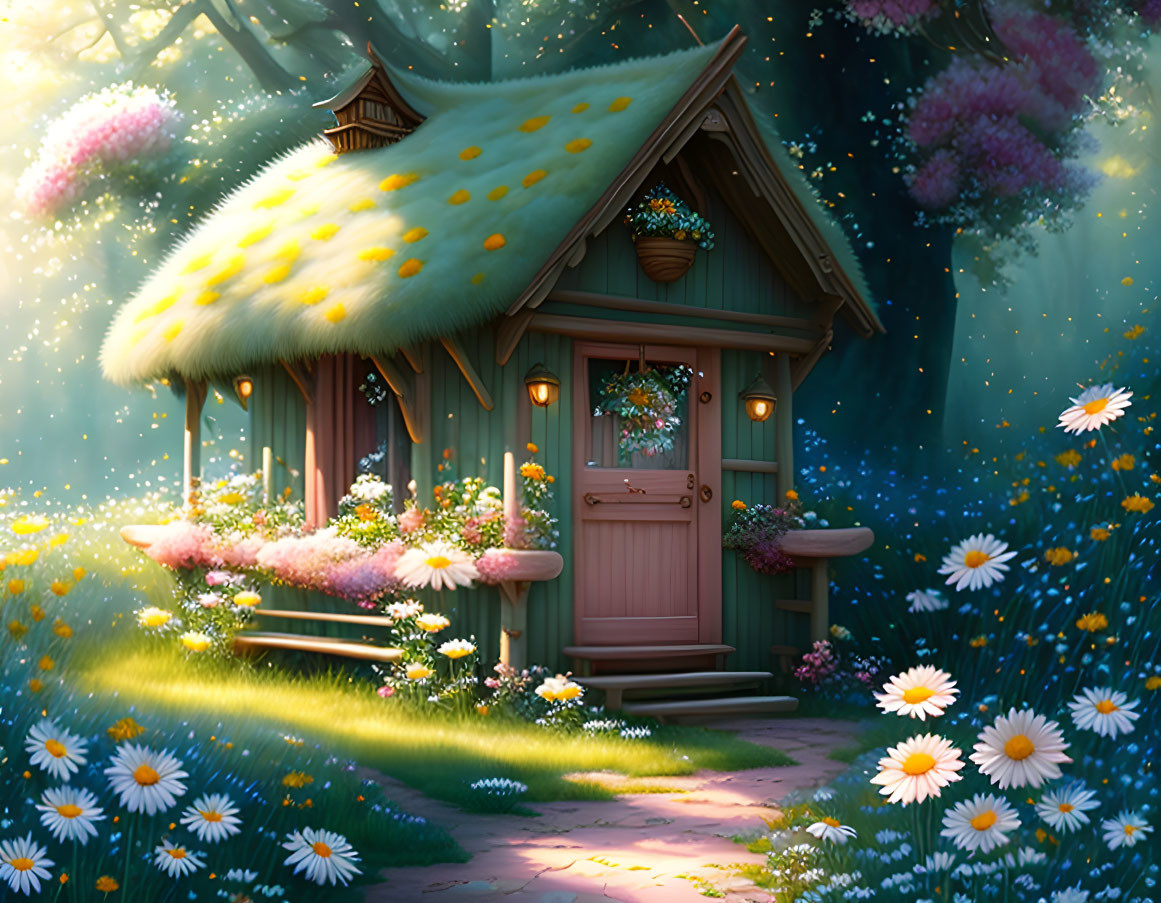 Enchanting forest cottage with green thatched roof and daisies