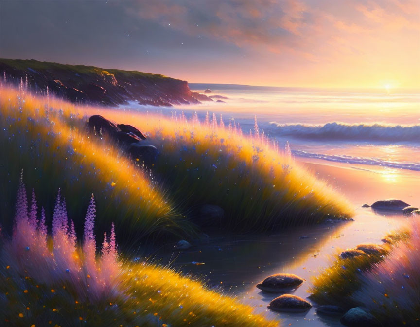 Vibrant coastal sunset with wildflowers and gentle waves