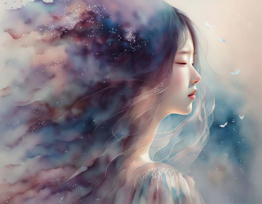 Illustration of woman with closed eyes, merging hair, butterflies, and starry night sky.