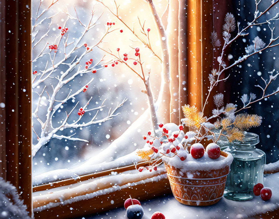 Winter window view: snow-covered plant, red berries, glass jar, falling snowflakes