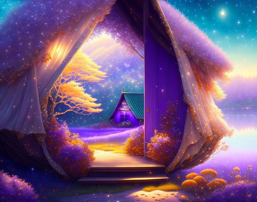 Magical purple forest with cozy cabin, fireflies, ethereal tree