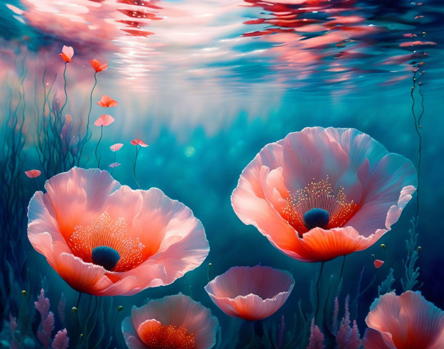 Vibrant red poppies in serene underwater setting