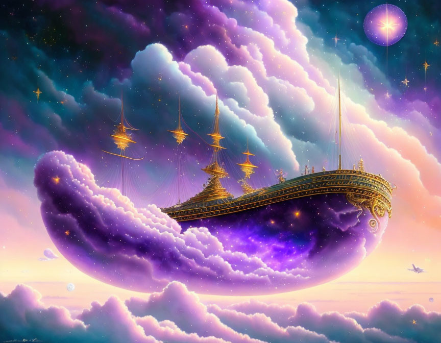 Fantastical ship sailing through vibrant starry sky with fluffy clouds