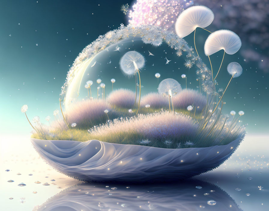 Clamshell floating on water with miniature dandelion landscape