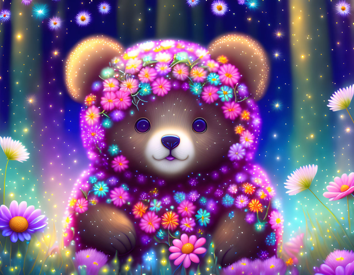 Colorful Teddy Bear with Flower Crown in Whimsical Setting