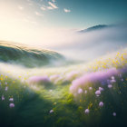 Lush Green Hills with Colorful Flowers and Misty Morning Light