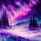 Northern lights painting: Purples and pinks over snowy forest