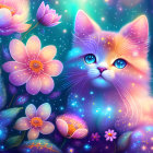 Whimsical blue cat surrounded by colorful flowers and starry background