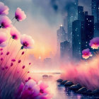 Surreal cityscape digital artwork with twilight glow and pink flowers