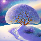 Winter landscape with lone luminous tree on snowy hill surrounded by glowing flowers and starry sky.