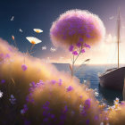 Tranquil scene: giant dandelion, sailboat, colorful flowers, sunset sky