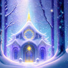 Whimsical castle in snowy forest under starry sky