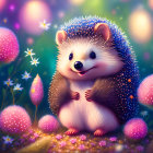 Colorful Smiling Hedgehog in Flower Field Illustration