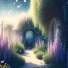 Tranquil garden pathway with lavender under starry sky and ornate archway