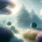 Fantasy landscape with glowing flora, misty atmosphere, ethereal city, floating orbs