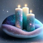 Cosmic design lit candles in spherical holder on starry background