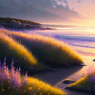 Vibrant coastal sunset with wildflowers and gentle waves