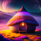 Whimsical cottage with flowering roof in purple fantasy landscape